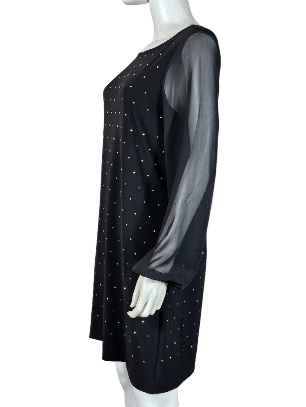 White House Black Market Sheer Long Sleeve Gold Studded Shift Cocktail Dress - Picture 7 of 15